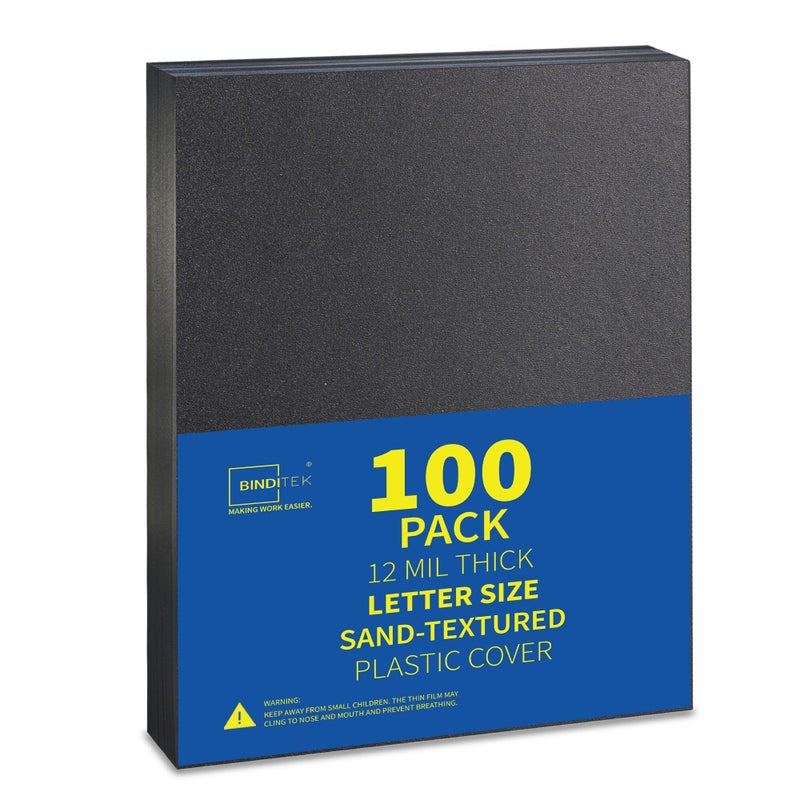 Binditek 100 Pack 12 Mil Sand-Textured Polycover - Plastic Binding Cover for Letter Size - Lightly Sanded Finish - Business Reports and Proposals - Square Corners, Un-Punched, Black - Image 1